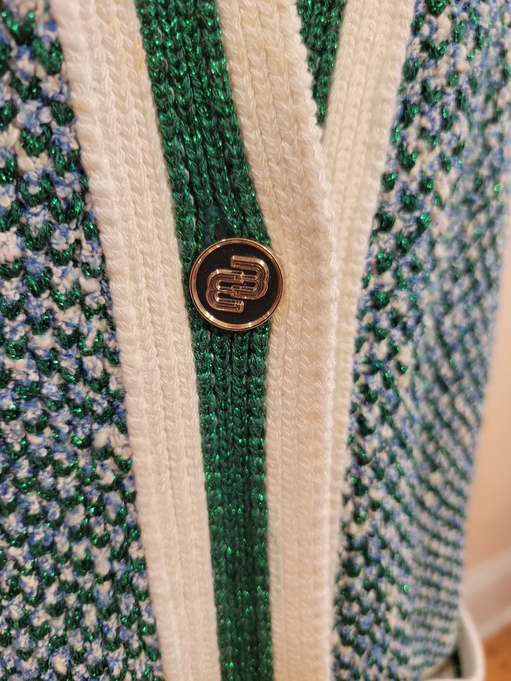 Maje Green V-Neck Cardigan with Cream Trim, Size 2, Gold Buttons, Metallic - Picture 5 of 8
